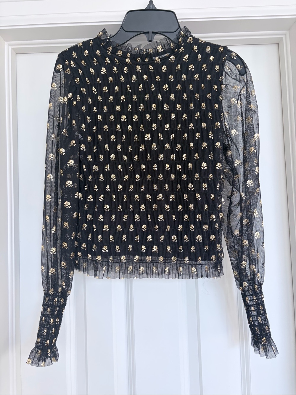 Zara Girls Black Sheer Blouse with Gold Floral Detail